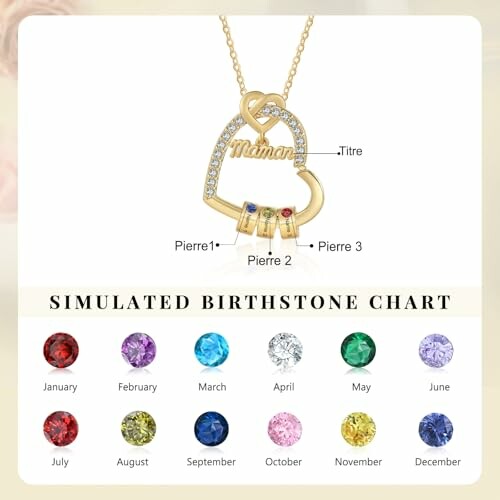Collier avec pierres de naissance simulées et étiquette 'Maman'.