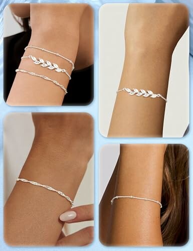 Bracelets délicats en argent sur des poignets.