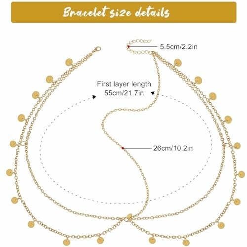 Détails de taille d'un bracelet en couches dorées avec des mesures.