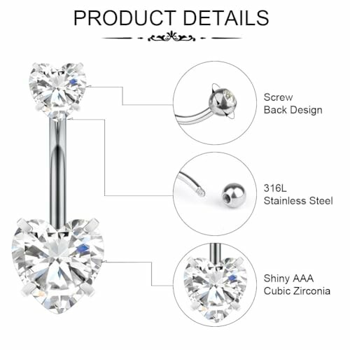 Détails du piercing nombril en zirconium en forme de cœur.