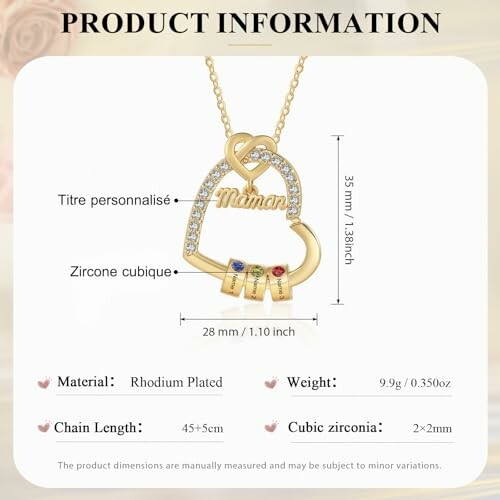 Collier en forme de cœur avec inscription 'Maman' et zircon cubique.