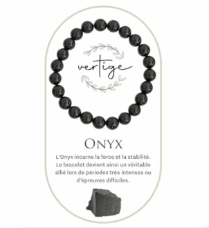 Bracelet en onyx avec texte explicatif en français.
