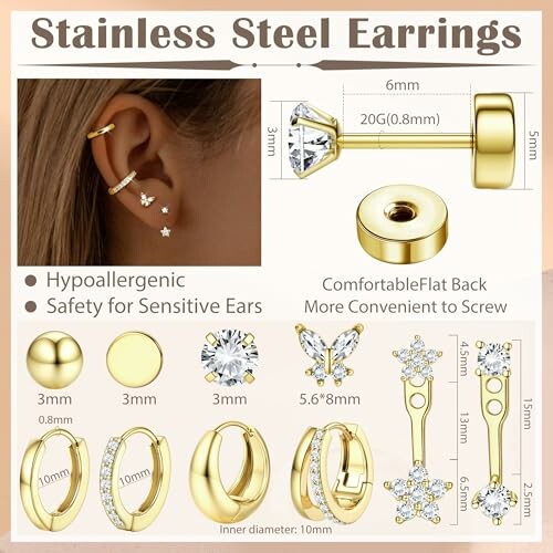 Différents styles de boucles d'oreilles en acier inoxydable avec détails de taille.