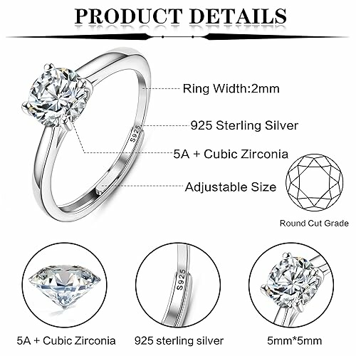 Détails du produit d'une bague en argent sterling avec zircon cubique.
