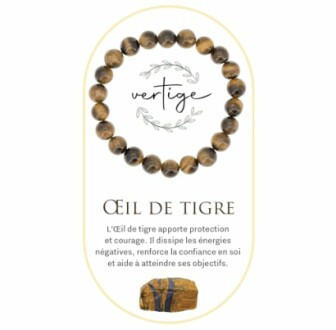 Bracelet en œil de tigre avec texte explicatif.