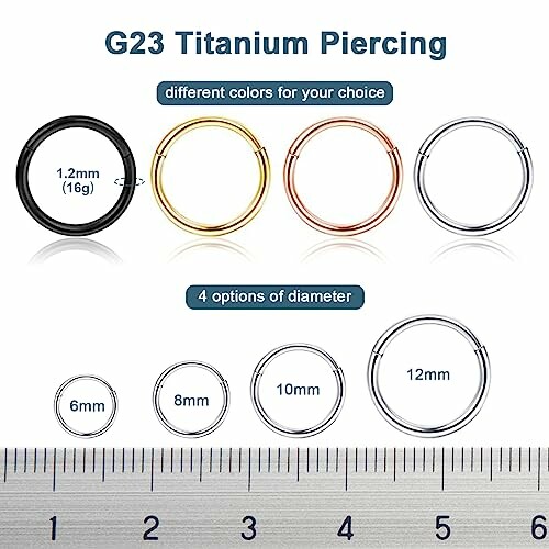 Options de piercing en titane avec différentes couleurs et tailles.